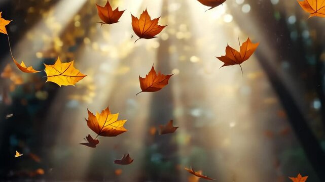 Falling leaves dance in sunlight with a seamless timelapse effect in a tranquil autumn forest, falling leaves and sunlight seamless ing time-lapse virtual video Background