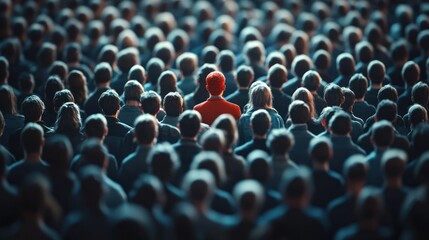 Fototapeta premium Individual in Bright Red Shirt Stands Out Among Sea of People in Dark Clothing