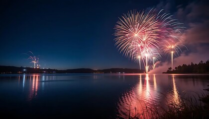 Fireworks display over a lake at night, reflecting vibrant colors