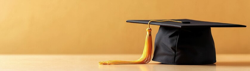 Elegant black graduation cap with golden tassel on wooden table against warm yellow background
