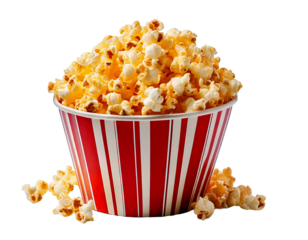 striped popcorn bag full of popcorn isolated on transparent background, generative ai