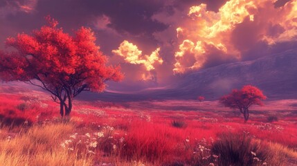 Red Autumnal Landscape at Sunset