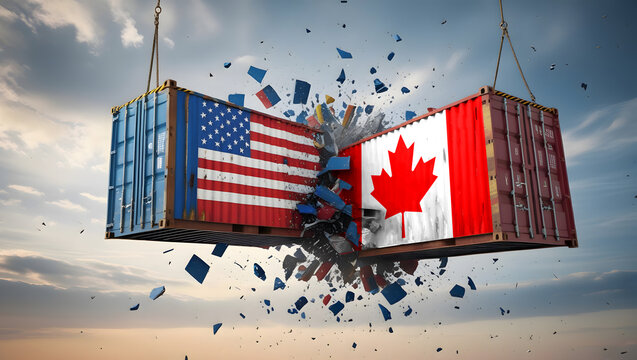 Trade Conflict Between USA and Canada - Colliding Cargo Containers with National Flags