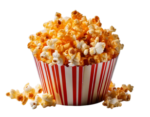 striped popcorn bag full of popcorn isolated on transparent background, generative ai