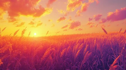 Vibrant Sunset over a Field of Purple and Orange Grass
