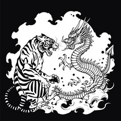 Tiger and Dragon Confrontation: Monochrome Asian Mythological Battle.