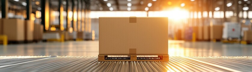 Single cardboard box on wooden pallet in spacious warehouse during sunset with golden light