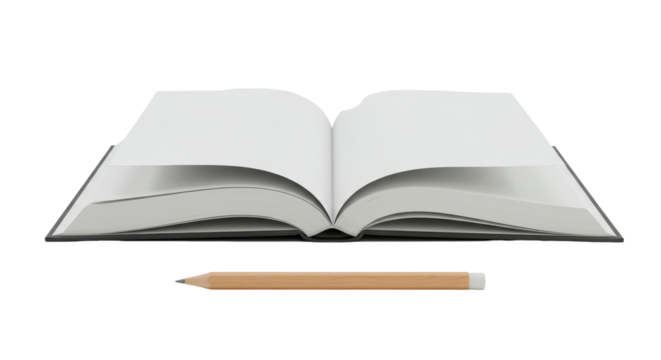 Isolated Open Book Lying Next to Pencil for Writing and Studying