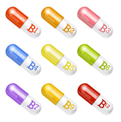 Vitamins of group B, a set of multi-colored capsules, on a Transparent background.