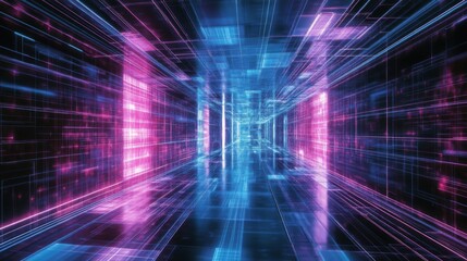 Abstract Digital Corridor with Neon Lights