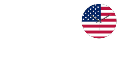 Wall clock. Analog wall clock with American flag hands. Doomsday clock. transparent background. Copy space.