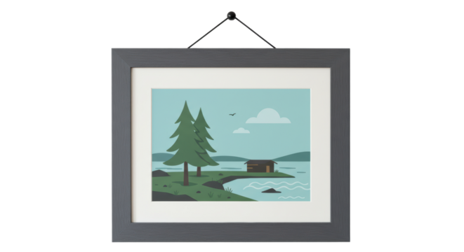 Isolated Framed Landscape Picture Hanging on Wall