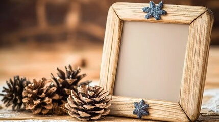 Obraz premium Rustic Wooden Photo Frame with Pine Cones Winter Holiday Decoration