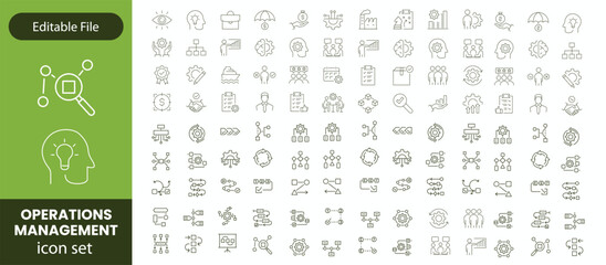 Operations management Editable Stroke icon collections. Containing production, logistics, supply chain, manufacturing, planning, inventory, strategy, customer satisfaction and cost icons.