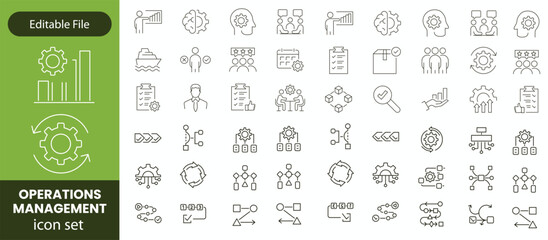 Operations management Editable Stroke icon collections. Containing production, logistics, supply chain, manufacturing, planning, inventory, strategy, customer satisfaction and cost icons.