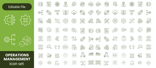 Operations management Editable Stroke icon collections. Containing production, logistics, supply chain, manufacturing, planning, inventory, strategy, customer satisfaction and cost icons.