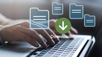 Person downloading data or documents to computer files. cloud storage technology, backup cyber security system.