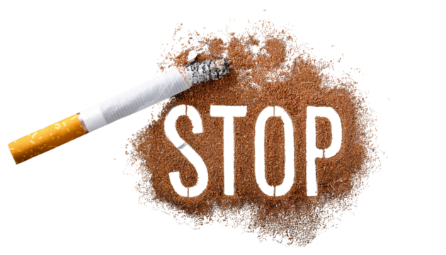 May 31: World No Tobacco Day Concept, word STOP written with a cigarette isolated on transparent background
