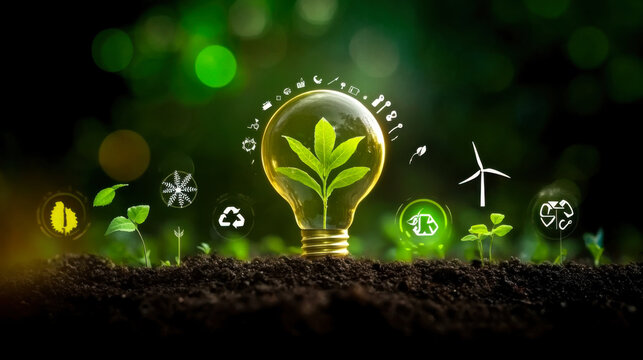 Tree growing on soil and environmentally friendly energy icons. earth day concept renewable energy to generate electricity