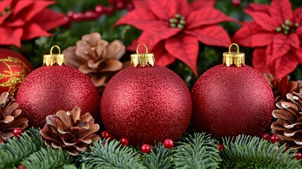 Naklejka premium Red Glitter Christmas Ornaments Pine Cones Holly