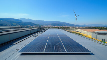 solar panel on factory roof with wind turbine and blue sky background