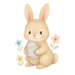 Cute Watercolor Easter Bunny Holding Pastel Egg Surrounded by Flowers