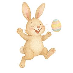 Happy Easter Bunny Leaping with Joy and Floating Colorful Egg