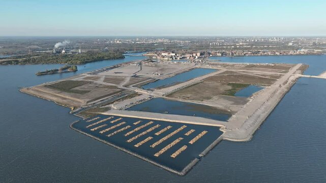 Aerial view of the Amsterdam neighbourhood IJburg, built on man made islands as part of the city expansion plan