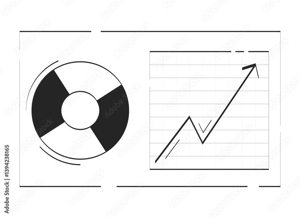 Poster business analytics dashboard with chart and graph doodle linear object. data analysis. piechart, upw