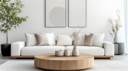 Round wood coffee table against white sofa Scandinavian style living room.