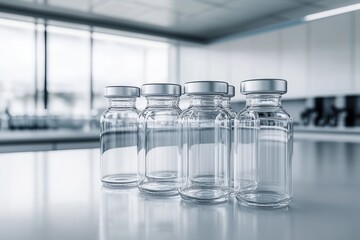 Clear glass vials arranged on a laboratory table with a modern workspace in the background