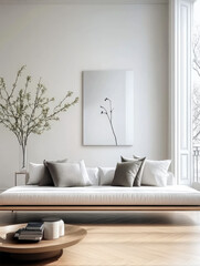 White sofa wooden parquet and Minimalist, scandinavian home interior design of modern living room