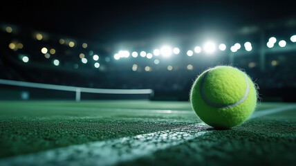 Tennis Ball Resting on Court Line under Stadium Lights at Night Before or After the Match
