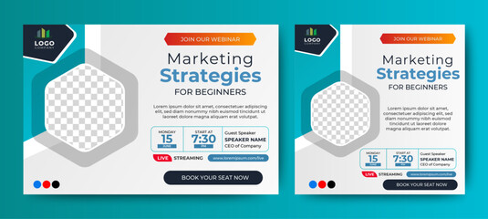 Marketing Strategies live webinar banner invitation and social media post template. Business webinar invitation design