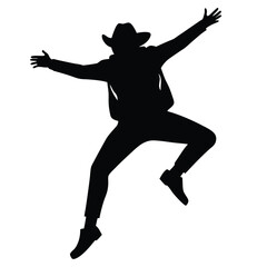 Silhouette Of Cowboy Jumping With Joyful Energy And Excitement Vector Illustration.