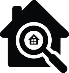 Black and White Vector PNG Illustration of a House with a Magnifying Glass Over It, Inside the Magnifying Glass a Smaller House Icon, Symbolizing Real Estate Search or Inspection