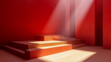 Obraz premium Red Room with Beige Steps and Dramatic Lighting