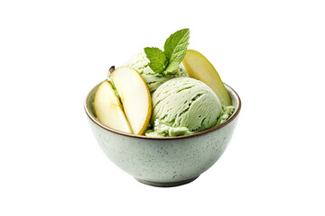 Pistachio ice cream with fresh pear slices and mint leaves in a bowl isolated on transparent background
