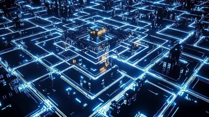 Bright digital neon outlines of skyscrapers create a futuristic cityscape, and a sense of blue innovation evoking urban development background video 4k