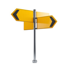 Directional road sign with yellow arrows indicating routes. transparent background