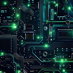 Fototapeta premium a detailed view of a complex electronic circuit board, showcasing its intricate components and green illuminated elements