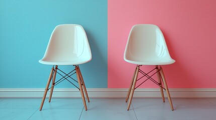 Two matching white chairs facing each other on a light teal and pink wall.