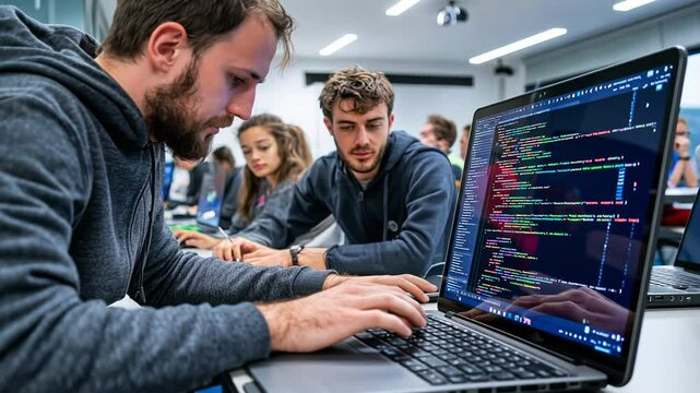 A lecturer helping a student with JavaScript coding project