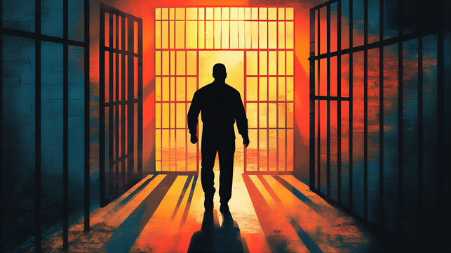 Silhouette of a prison jail warden behind bar. held back regret, jail release, broken prison Bars. single cell, criminal psychology, solitary open prison gate probation period criminal rehabilitation