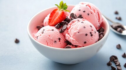 A bowl of strawberry ice cream with chocolate chips 