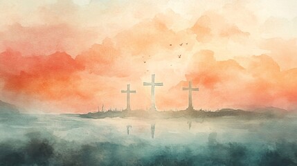 Obraz premium Three Crosses at Sunset Reflected in Water