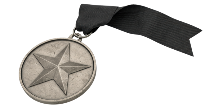 Isolated Silver Medal with Star and Black Ribbon