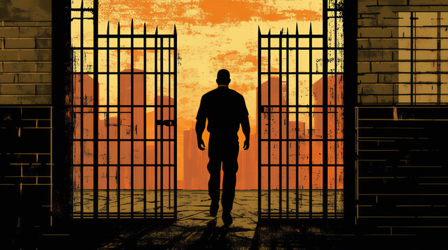 Silhouette of a prison jail warden behind bar. held back regret, jail release, broken prison Bars. single cell, criminal psychology, solitary open prison gate probation period criminal rehabilitation