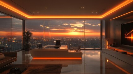 Orange Sunset City View from Modern Apartment