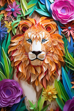 A lion's portrait handcrafted from paper quills and set in a floral scene